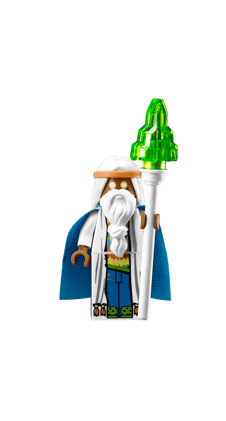 Lego wizard figure with white beard, blue cape, and green crystal staff.