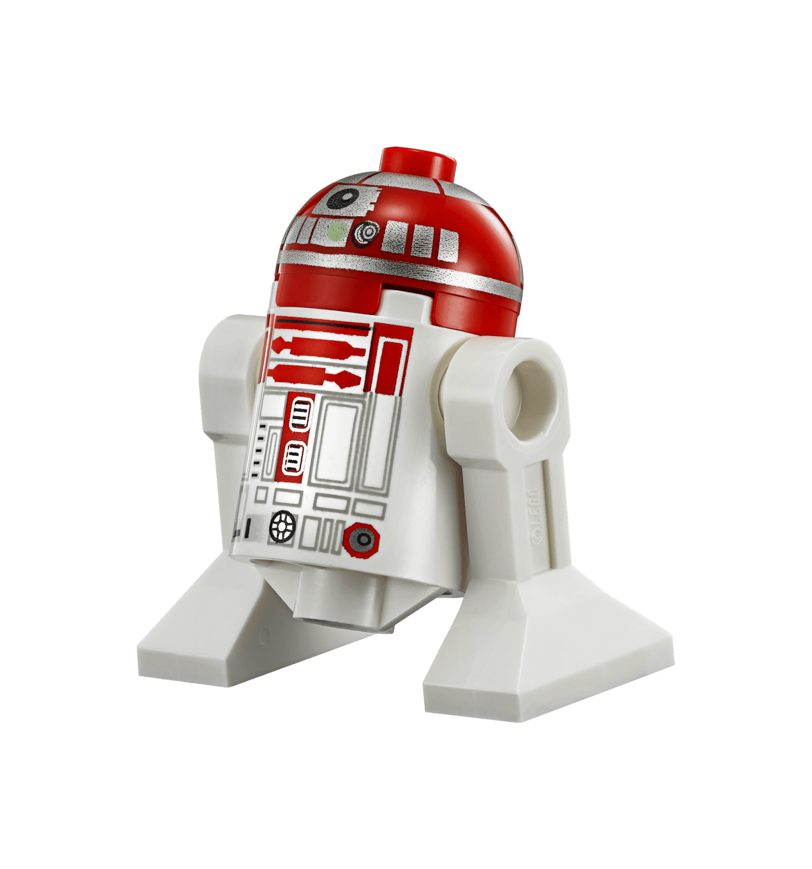 LEGO figurine of an astromech droid with a red and white color scheme.