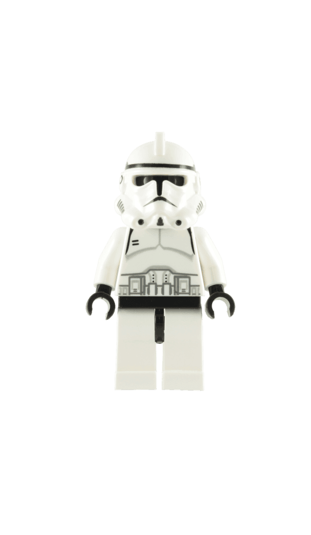 LEGO stormtrooper minifigure in white armor with black details, standing upright.