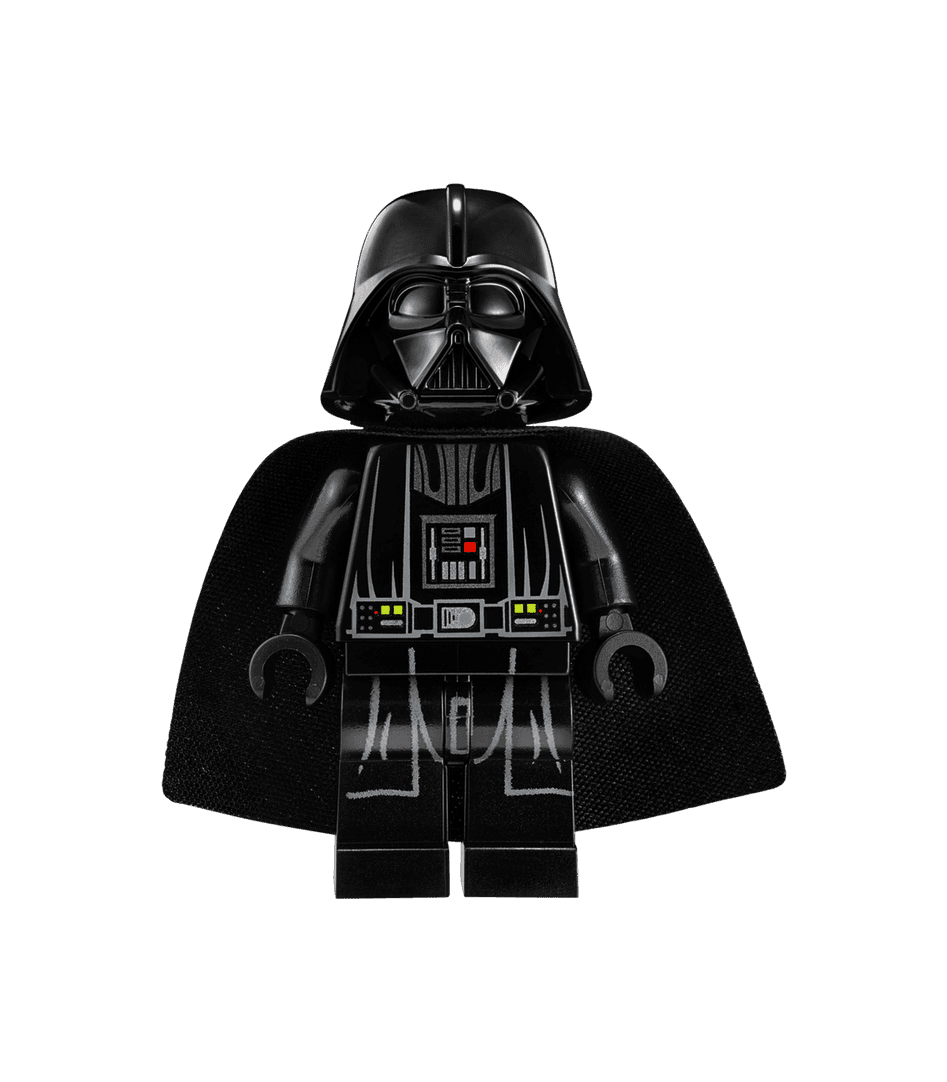 LEGO minifigure of a dark character wearing a black helmet, armor, and cape.