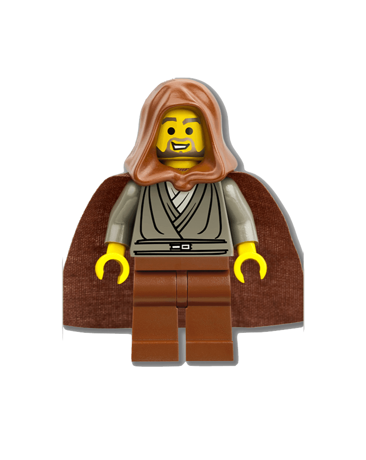 LEGO figure in a brown cloak with a hood and beard, smiling.